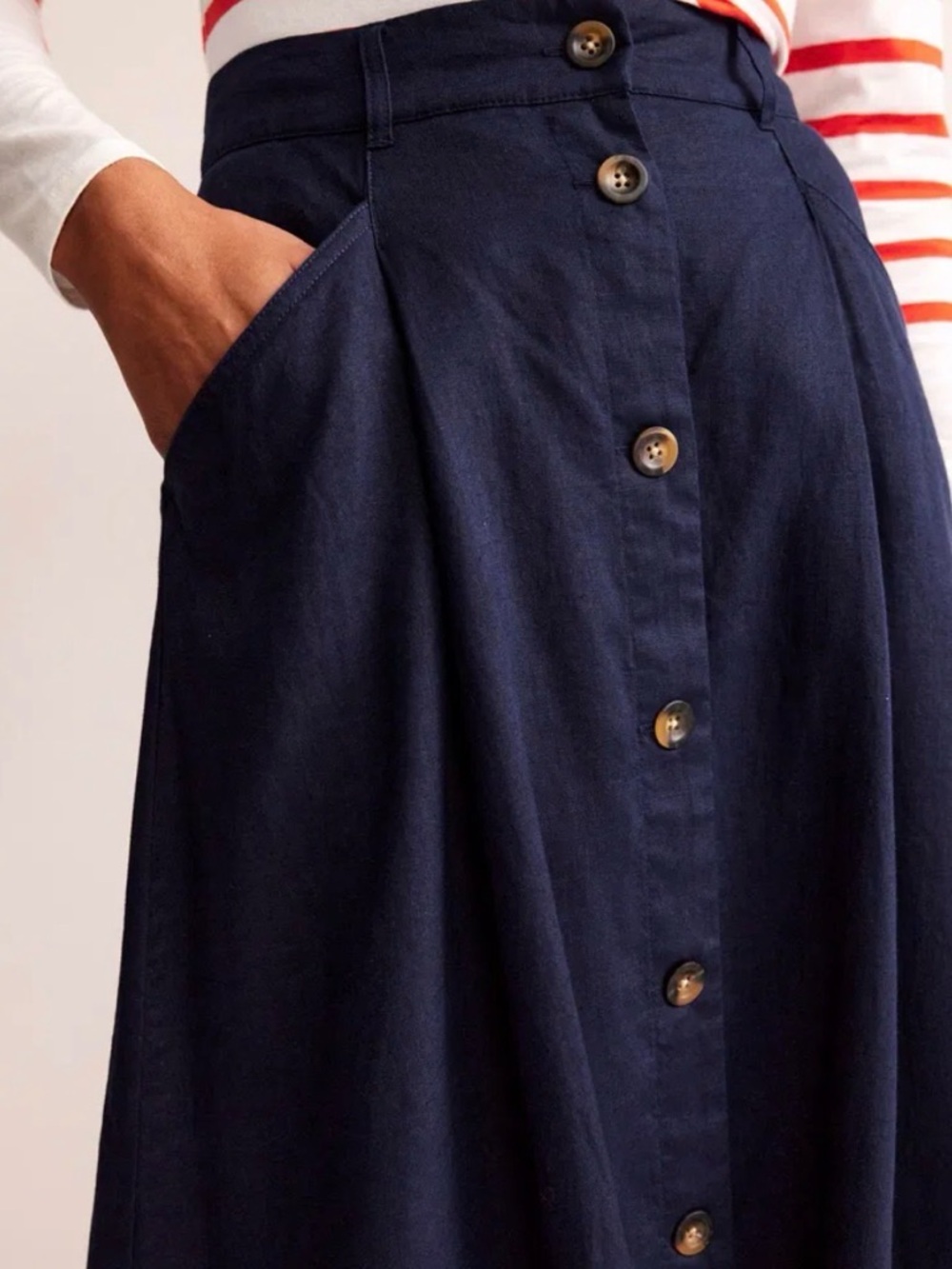 Boden Navy Button-Front A-Line Skirt